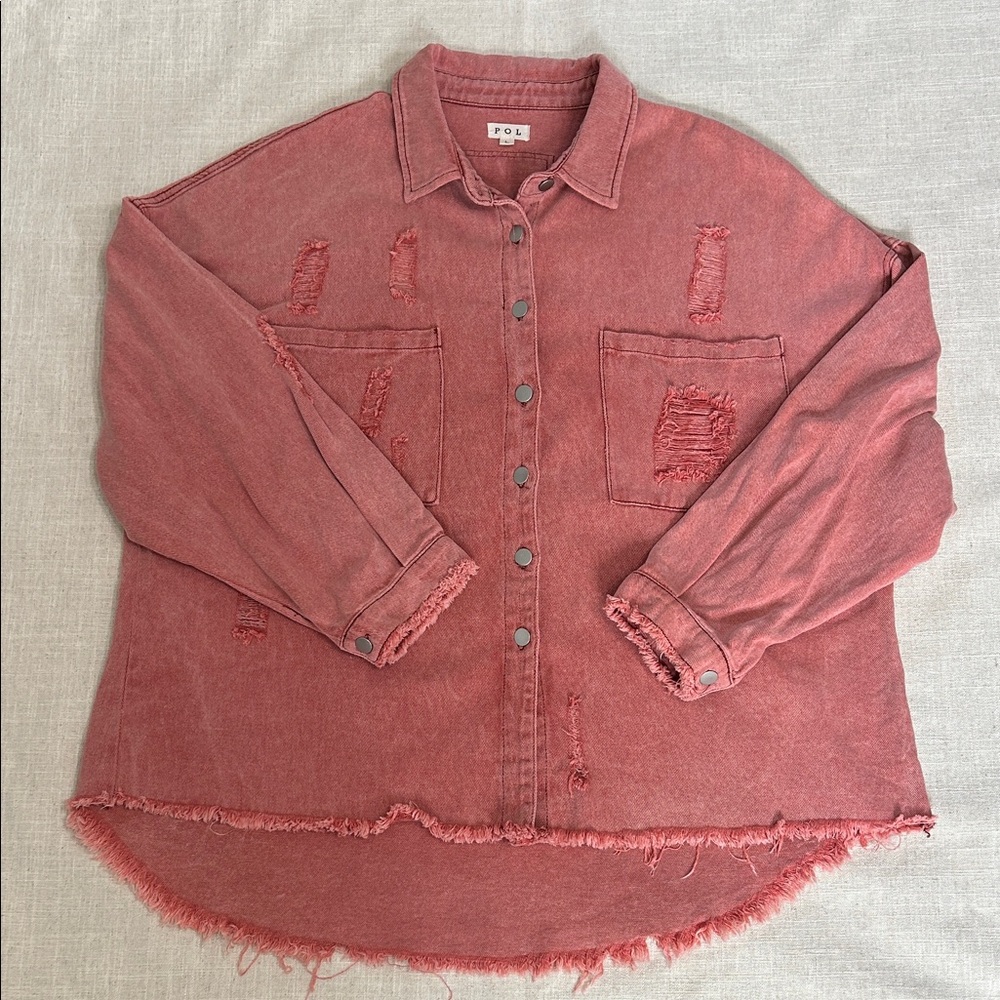 POL Jacket Women’s L Rose Distressed Hem Button-Up Shacket Frayed Boxy Oversized